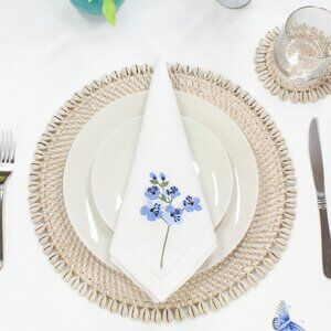 NEW Set of 4-Premium Placemats-Seashell-Trimmed Rattan-Whitewash-Eco Handcraft